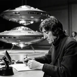John Lennon asa scientist working on a ufo, black & white photograph