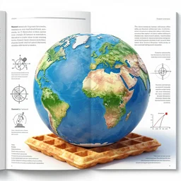 the image of earth continents projected onto a waffle with scientific diagrams and math equations and infographics in a magazine article with text