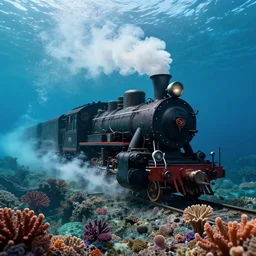 epic cinematic artwork of a steam train underwater, coral reef, beautiful artwork by rutowski and brom,