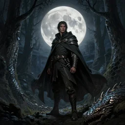 full moon, adventurer outfit large cloak, fantasy forest landscape, dragon scales, fantasy magic, dark light night, intricate, elegant, sharp focus, illustration, highly detailed, digital painting, concept art, matte, art by WLOP and Artgerm and Greg Rutkowski and Albert Bierstadt, masterpiece