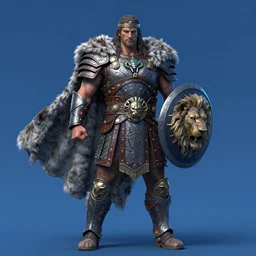 hercules god, wearing tribal ornamented armor, hydra armor, leather armor, wearing fur cape, lion faced shield, full body concept, blue tone, beksinski, edward hooper, ruan jia