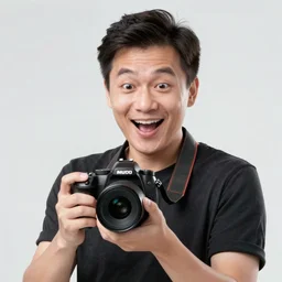 digital art of portrait of a chinese man, holding a dslr camera, excited facial expression, head - and - shoulders shot, white background, cute pixar character, houdini 3 d render