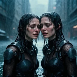 cinestill 5 0 d candid photographic portrait by stanley kubrick of two loving female androids sobbing wearing rugged black mesh techwear in treacherous city waters, medium closeup, retrofuturism cyberpunk moody emotional cinematic, pouring iridescent rain bright spotlight, 8 k, hd, high resolution, 3 5 mm, f / 3 2, ultra realistic faces, ex machina