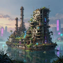 a beautiful very detailed illustration of industrial architecture houseboat city urbex abandoned unfinished building by federico babina, otherworldly steampunk crystal vaporwave meadow anime at dusk nature matte painting lake neon signs bladerunner 2 0 4 9 junglepunk evil azeroth liberty city, archdaily, wallpaper, highly detailed, trending on artstation.