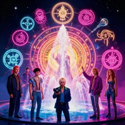 magical fountain of youth, infinite astrological sigils, dramatic bright neon colors, highly detailed, cinematic, synthwave, robert morello, vladimir kush, chris foss, roger dean, michael whelan, bruce pennington, lisa frank, bob eggleton, alfred kelsner, kubrick, wojtek suidmak
