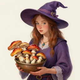 a cottagecore witch, holding a bowl of brightly colored mushrooms, digital painting, highly detailed, illustration, art by rebecca guay