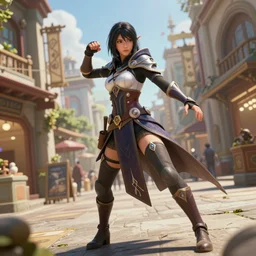 action pose reference, procedurally generated, epic mage girl character, costume design from shopping mall, ancient city streets behind her, substance designer, PBR, HD, Ultra detailed, hyperrealistic, megascans, volumetric light, concept by master artist, good looking face, natural light, crazy angle
