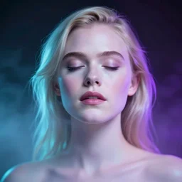 out of focus photorealistic portrait of elle fanning by sarah moon, very blurry, translucent white skin, closed eyes, foggy, violet and aqua neon lights