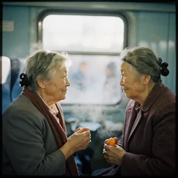 a lomography photo of rumble between two grandmoms in soviet train this morning, bokeh,