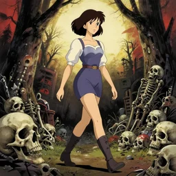 beautiful woman passes through death, walking dead deviantart with graphic editing, artstation, portrait in the style of studio Ghibli and 1960s americana Comics, HQ 8k scan