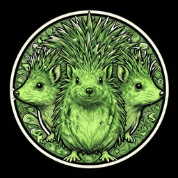 3 d head of green hedgehog, symmetrical logo, black background, by alphonse mucha, beeple, and intricate