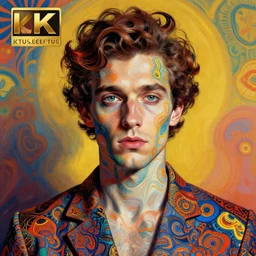 portrait of a handsome man in the pattern style of edouard benedictus and e. a. seguy, beautiful, bizarre, hyper detailed, vivid and vibrant, 8 k, award winning, trending on artstation,
