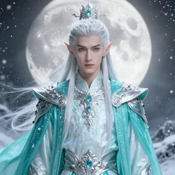 handsome male snow elf in a turquoise cape and silver ornate armour, highly detailed face, albino skin, pointed ears, ethereal opalescent mist, moonlight snow, fantasy art, perfect face, elegant, very coherent symmetrical artwork, atmospheric lighting, rule of thirds, by wenjun lin, krenz cushart, charlie bowater, trending on artstation