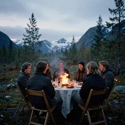 party in the norwegian wilderness, fuji film, scratches, 1 9 8 0, photorealism