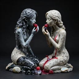 queer sculpture of two emo girls eating berries, made from obsidian and and pumice and japanese glazed pottery and glass, sensual, berry juice dripping, black background, zen,
