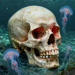 a single skull in the sea by dan mumford and vladimir kush and donato giancola and ted withers and peter driben and william - adolphe bouguereau and roberto ferri, glowing red skull, blue jellyfish, green water, highly detailed, high contrast, intricate details, blended palette