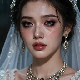 ilyana vyulnika as a young german bride in the dark, heavy makeup, crying eyes, tears, leaked mascara, lipgloss, portrait, closeup, cute freckles, gloss effects, and exaggerated proportions, intricate jewelry, after rain, digital art by julia razumova and mel milton, trending on artstation, 4 k high quality