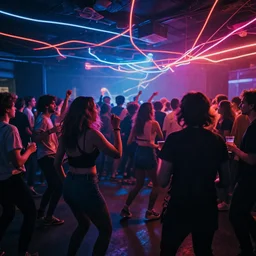 friends dancing at an alternative concert with drinks, crowd in the back, neon lines, very abstract style