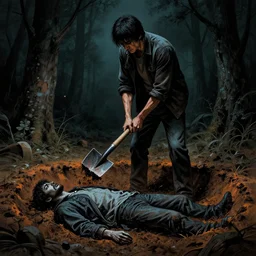 a mournful man with a shovel standing digging up a dead body in it, subtle blue, orange, and dark green tones, high quality, high detail, dark colors, sinister atmosphere, dramatic lighting, cinematic, establishing shot, extremely high detail, photo realistic, cinematic lighting, pen and ink, intricate line drawings, by Yoshitaka Amano, Ruan Jia, Kentaro Miura, Artgerm, post processed, concept art, artstation, matte painting, style by eddie mendoza, raphael lacoste, alex ross