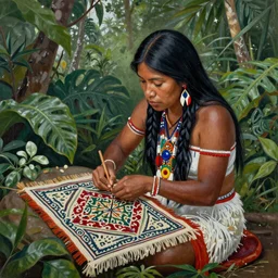 a beautiful painting of an indigenous female doing crafting of a beautiful fabric in the jungle, realistic, ayahuasca