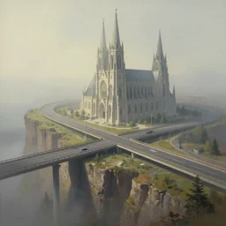 Stunning Charles Sheer painting of a highway interchange inside a giant foggy cathedral on the edge of a cliff, precisionist style, muted colours, TF2 screenshot colour palette, flying buttresses