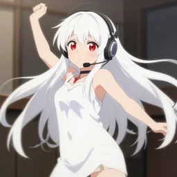 anime film still of a long white haired red eyed cute girl wearing a headset, dynamic pose