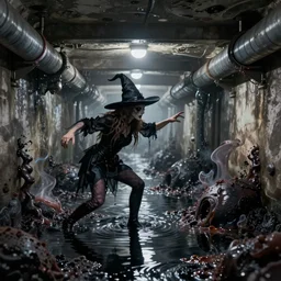 an anamorphic witch brutally attacking on an underground long sewer with toxic waste all around and black water, blair witch, black and white 1 9 5 0 polaroid photography with flash light, grainy film, flash light,