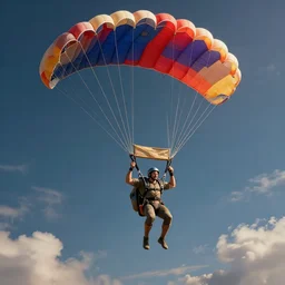 an epic art of a single man flying into deep sky with parachute, artstation, digital painting, highly detailed, 8k