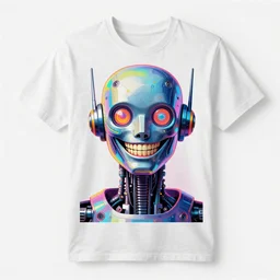 tshirt with a hyperdetailed portrait of a futuristic trippy smiling robot head, 8 k, symetrical, flourescent colors, halluzinogenic, multicolored tshirt art,
