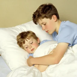 A kid waking up his older brother, art by Norman Rockwell