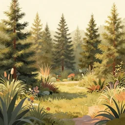 Beautiful artwork garden of the future, overgrown with fir trees and plants. Nice colour scheme, warm colour. Beautiful artistic digital artwork by artist Lurid. (2022), Gediminas Pranckevicius