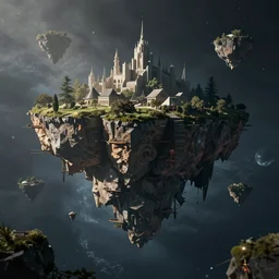 floating islands in space, void concept art, low angle, cinematic, style of Jordan grimmer