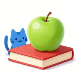 a green apple on top of a red book, next to a blue cat