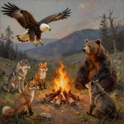 old west theme, animals (eagle, bear, wolf and two foxes) sitting around campfire telling stories, oil paint on canvas