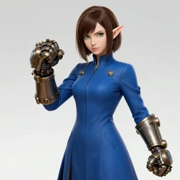 character portrait of young female elf, fisting monk, massive steampunk hands, blue skintight closed longcoat, brown bob haircut, green eyes, white skin, high fantasy, high detail, steampunk, digital illustration, akihiko yoshida, james jean andrei riabovitchev marc _ simonetti, yoshitaka amano
