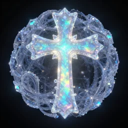 a crystalline 3 d mandelbulb fractal in the shape of a christian cross, bioluminescent opal, fractal, magnificent lighting, ethereal, ray tracing, octane, holographic