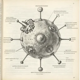 detailed medical deconstruction chart of icosahedral phage, paper reports, printed files, old.