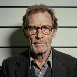 1970s of Mugshot Portrait of a very old and decrepit Willem Dafoe with glasses and no beard, with very short hair and a receding hairline, dressed in 1970s menswear, taken in the 1970s, photo taken on a 1970s polaroid camera, grainy, real life, hyperrealistic, ultra realistic, realistic, highly detailed, epic, HD quality, 8k resolution, body and headshot, film still, front facing, front view, headshot and bodyshot, detailed face, very detailed face