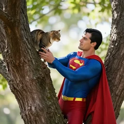 high quality photo of superman saving a cat stuck in a tree, photography 4k, f1.8 anamorphic, bokeh, 4k, Canon, Nikon