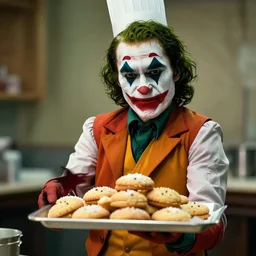 the joker dressed as a chef and holding a tray of baking powder biscuits, 8 k, very detailed, very intricate, cinematic,