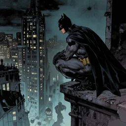 batman crouching on a gargoyle, looking out over a polluted cityscape, by tim bradstreet and mike mignola, night lighting, extreme detail, heavy shading, lynn varley, lovern kindzierski, steve oliff