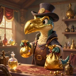 Anthropomorphized DinosUr trader in his shop, selling his wares, portrait, items, gold, magic potions, carpet, window, fancy hat, sly expression , cunning expression,  cute expression, long thick shiny gold beak, presenting wares, holding a gold bag, D&D, fantasy, cinematic lighting, highly detailed, digital painting, artstation, concept art, smooth, sharp focus, illustration, warm light, cozy warm tint, magic the gathering artwork, volumetric lighting, 8k, art by Akihiko Yoshida, Greg Rutkowski