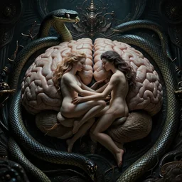 a close up of Adam and Eve inside the brain, snake is surrounding them, beautiful dramatic moody lighting, cinematic atmosphere, high detail, 8k, ornate, dark fantasy, masterpiece, complex, film still from the movie directed by Denis Villeneuve with art direction by Zdzislaw Beksiński, Dan Mumford, Patiphan Sottiwilaiphong, Yintion J - Jiang Geping
