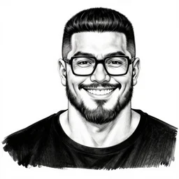detailed ink line drawing of a buff smiling man with long stubble, muscular neck, rectangular square shaped glasses and a black bowl cut, wearing a black tshirt, unreal engine, octane render, b & w clean shaped illustration by kim jung gi, ric estrada, ron english and eiichiro oda