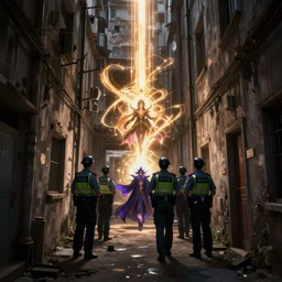 there police men following a mage, dilapidated building, narrow hallway, dramatic dark lighting, long shot, leage of legends anime, official league of legends art