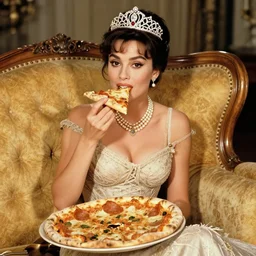 photo of sophia loren, young, relaxed pose, antique luxury sofa, holding pizza, eating pizza, sharing pizza, intricate ornamented tiara, opulent pearl necklace, laced dress, golden lighting, sharp focus, masterpiece, extremely coherent