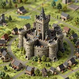 extreme close up of a castle on a minimalistic warcraft like map of steampunk small town, hyper detailed, intrincated, vivid color scheme, sharp focus, clear image, no logo, hyper realistic