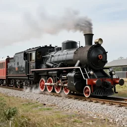 restored black steam locomotive travelling on train tracks from left to right, photograph