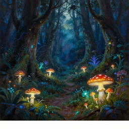 an enchanted forest at night illuminated by glowing mushrooms and bioluminescent plants, magical, awe inspiring, tim hildebrandt, wayne barlowe, bruce pennington, donato giancola, larry elmore, oil on canvas, masterpiece, cinematic composition, beautiful lighting, sharp, details, hyper - detailed, hd, hdr, 4 k, 8 k