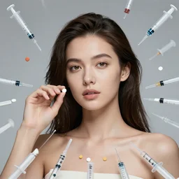a beautiful  female model surrounded by pills and syringes